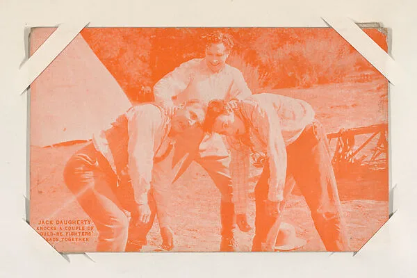 Jack Daugherty knocks a couple of would-be fighters' heads together from Western Stars or Scenes Exhibit Cards series (W412) — Unknown