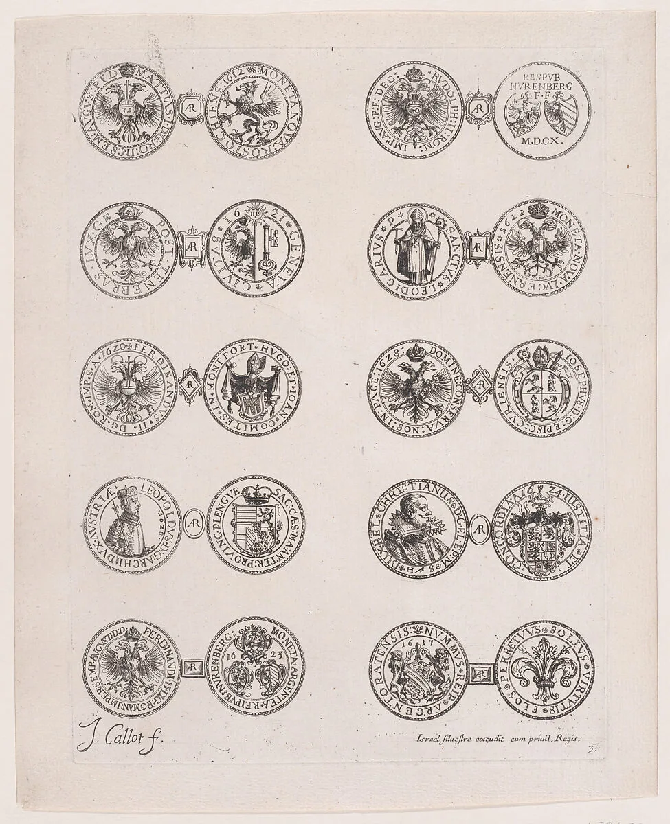 3rd Plate, Featuring 10 Coins Issued by European Princes in the 16th and 17th centuries, from Les Monnaies (The Currencies) — Jacques Callot|Israel Silvestre