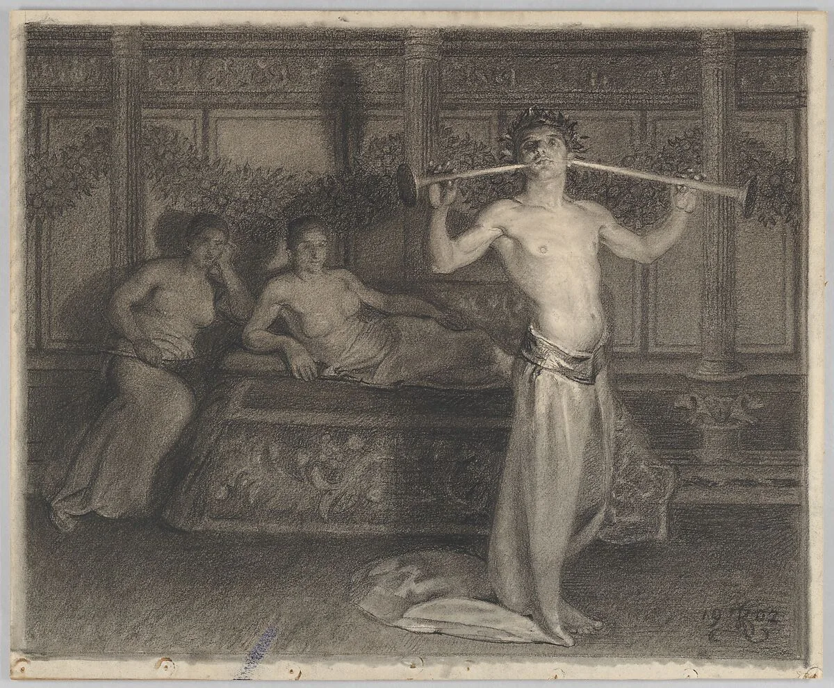 Two Women in an Interior Listening to a Young Musician in Antique Times — Kristian Zahrtmann