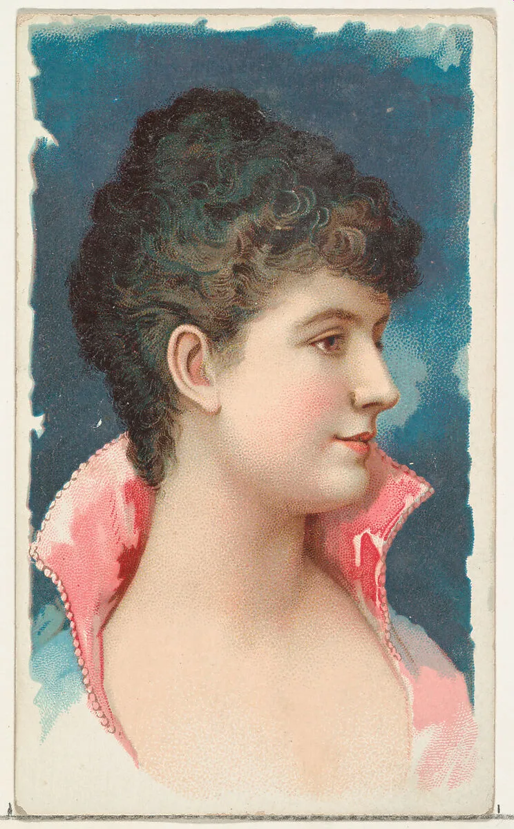 Actress wearing bodice with pink collar, from Stars of the Stage, First Series (N129) issued by W. Duke, Sons & Co. to promote Honest Long Cut Tobacco — Knapp & Company|W. Duke, Sons & Co.
