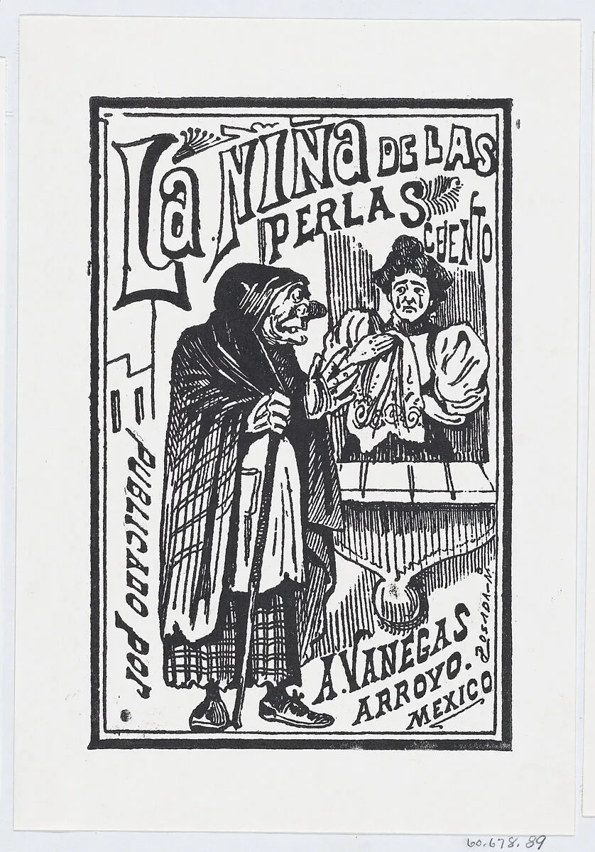 A woman crying with a handkerchief in her hand talking to an old hag, illustration for 'La Niña de las Perlas, published by Antonio Vanegas Arroyo — José Sanchez|José Guadalupe Posada