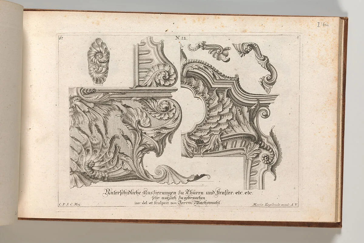 Suggestion for the Decoration of the Lower and Top Right of a Frame, Plate 1 from: 'Unterschidliche Auszierungen zu Thüren und Fenster, etc. etc. sehr nutzlich zu gebrauchen' — Martin Engelbrecht|Jeremias Wachsmuth