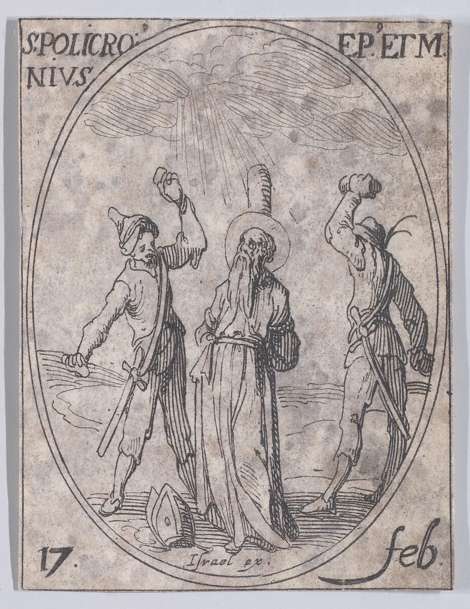 S. Polichroine, évêque et martyr (St. Polychronius, Bishop and Martyr), February 17th, from "Les Images De Tous Les Saincts et Saintes de L'Année" (Images of All of the Saints and Religious Events of the Year) — Jacques Callot|Israël Henriet