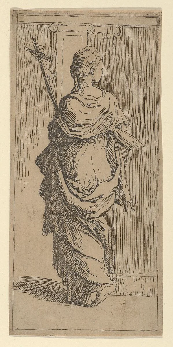 Girl carrying a crucifix and stepping toward a pilaster, seen from behind — Guido Reni|Parmigianino (Girolamo Francesco Maria Mazzola)