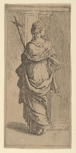 Girl carrying a crucifix and stepping toward a pilaster, seen from behind