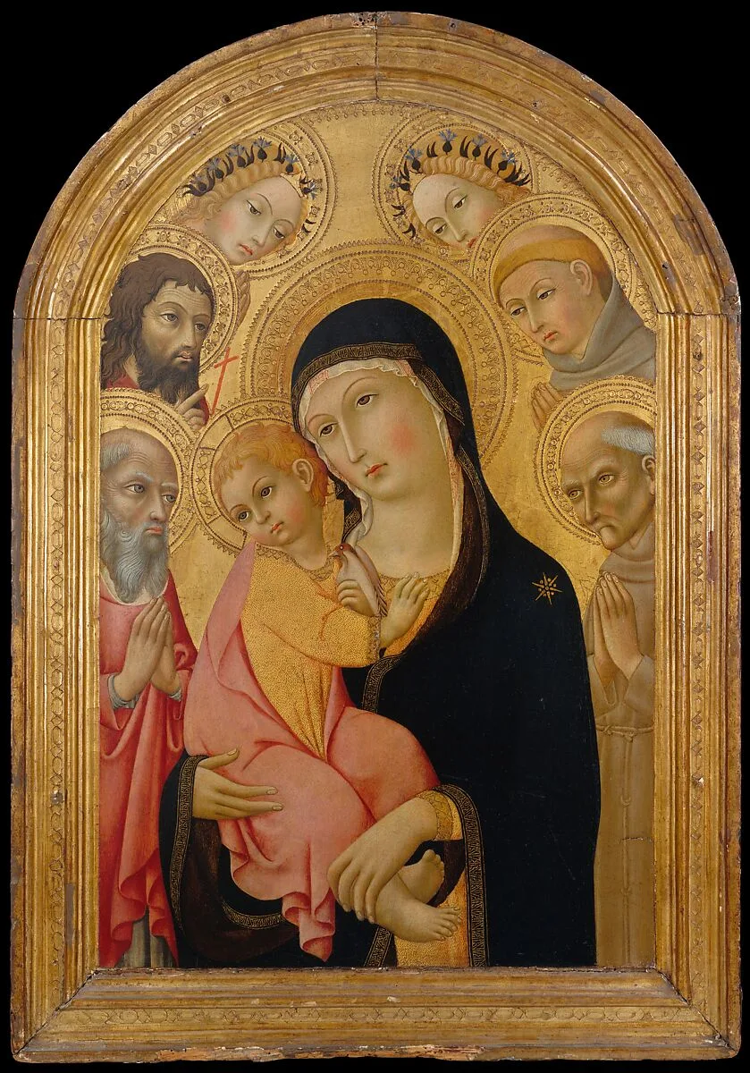 Madonna and Child with Saints Jerome, Bernardino, John the Baptist, and Anthony of Padua and Two Angels — Sano di Pietro (Ansano di Pietro di Mencio)
