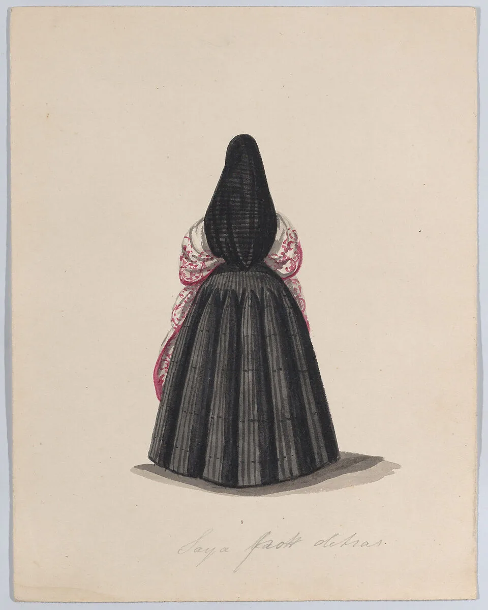 A woman wearing the saya viewed from behind, from a group of drawings depicting Peruvian dress — Francisco (Pancho) Fierro
