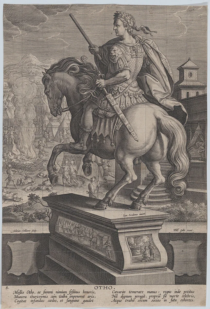 Plate 8: equestrian statue of Otho, seen from behind, his death scene in the background with him stabbing himself at right and the burning of his body at left, from 'Roman Emperors on Horseback' — Adriaen Collaert|Philips Galle|Jan van der Straet, called Stradanus