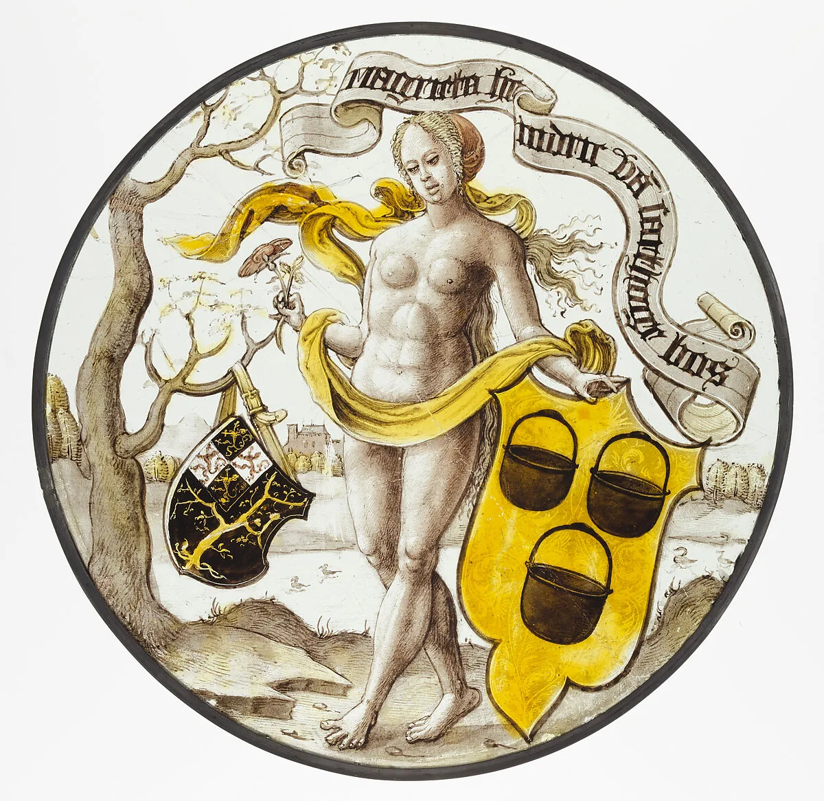 Roundel with Nude Woman Supporting a Heraldic Shield — Unknown