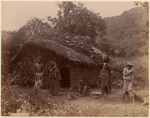 [Thatched House, People in Foreground, Telegraph Lines in Background]