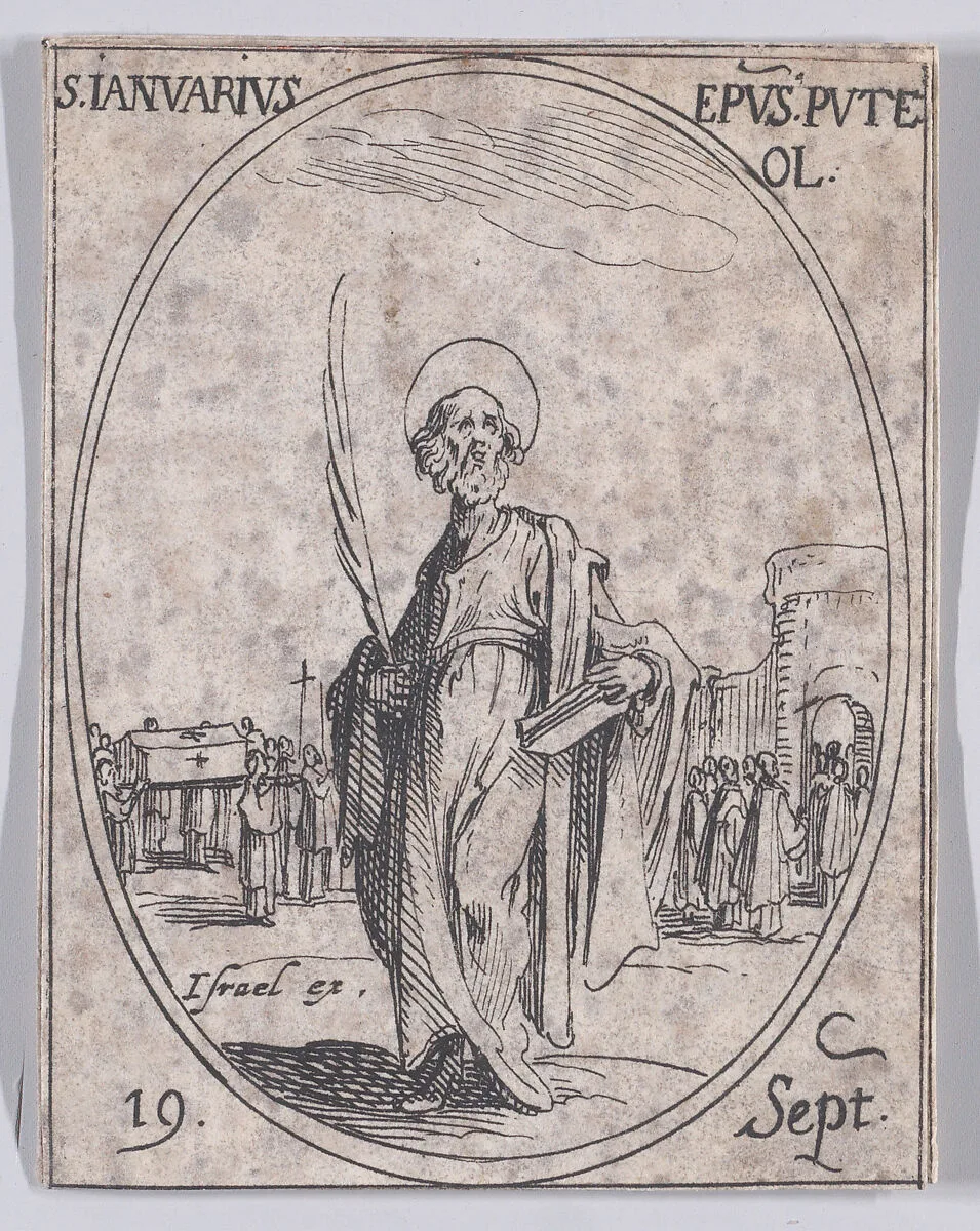 S. Janvier, évêque de Pouzzoles (St. Januarius, Bishop of Pouzzoles), September 19th, from "Les Images De Tous Les Saincts et Saintes de L'Année" (Images of All of the Saints and Religious Events of the Year) — Jacques Callot|Israël Henriet