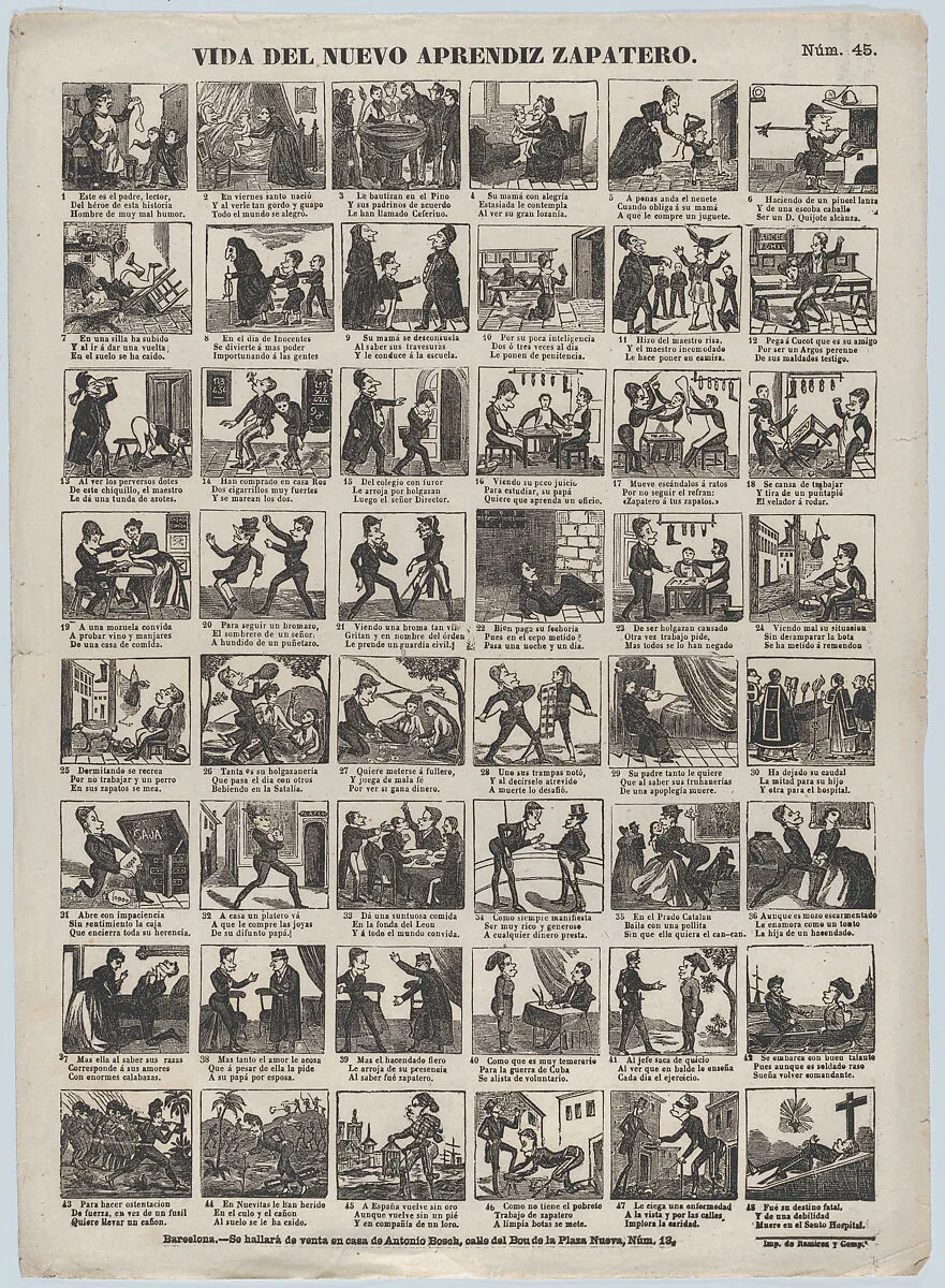 Broadside with 48 scenes relating to life of the apprentice shoemaker — Antonio Bosch|Narciso Ramirez