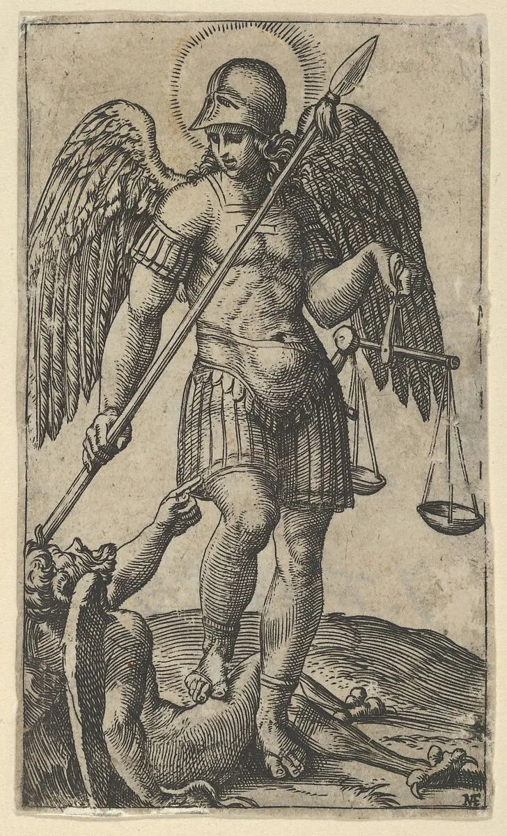 Saint Michael holding scales and a lance, a demon beneath him, from "Piccoli Santi" (Small Saints) — Marcantonio Raimondi