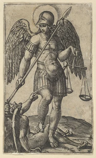 Saint Michael holding scales and a lance, a demon beneath him, from "Piccoli Santi" (Small Saints)