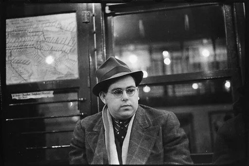 [Five 35mm Film Frames: Subway Passengers, New York City:  Man in Hat and Scarf, Elderly Woman, Woman in Flower-Brim Hat with Dog]
