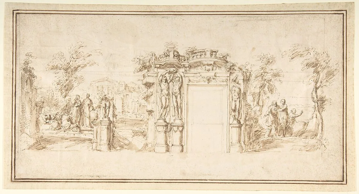 Design for a Painted Wall Decoration, with Figures in a Landscape with Classical Ruins — Giovanni Larciani ("Master of the Kress Landscapes")