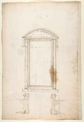 San Lorenzo, Library, Ricetto, portal to Ricetto, elevation; plan (recto) San Lorenzo, Library, Ricetto, portal to Ricetto, section; details (verso)