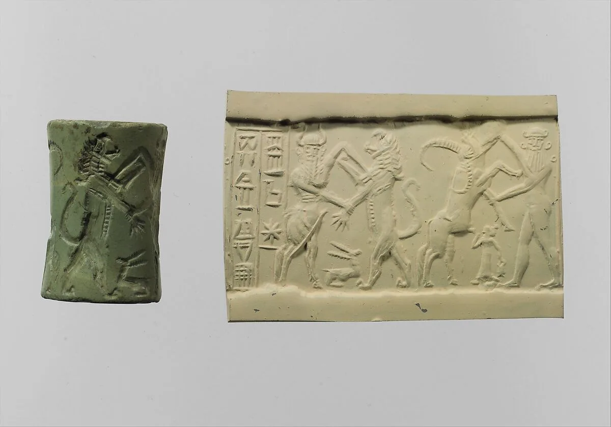 Cylinder seal and modern impression: bull-man combatting lion; nude hero combatting water buffalo; inscription — Unknown