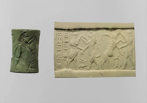 Cylinder seal and modern impression:  bull-man combatting lion; nude hero combatting water buffalo; inscription