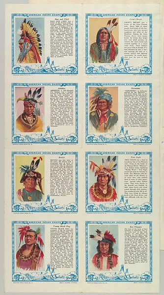 Announcement for Kelley's Weekly Bulletin with cards from the American Indian Series (D6), issued by the Kelley Baking Company, including cards Man and Chief, No. 1; Crow's Breast, No. 2; Arkikita, No. 3; Geronimo, No. 4; British, No. 5; True Eagle, No. 6; Young Black Dog, No. 7; Red Thunder, No. 8 — Kelley Baking Company