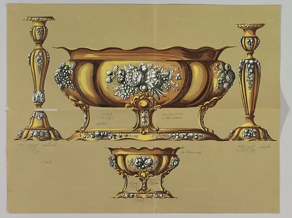 Design for Large and Small Silver Dishes and Pair of Candlesticks — Anonymous, Czech, early 20th century