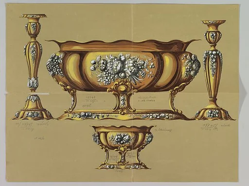 Design for Large and Small Silver Dishes and Pair of Candlesticks