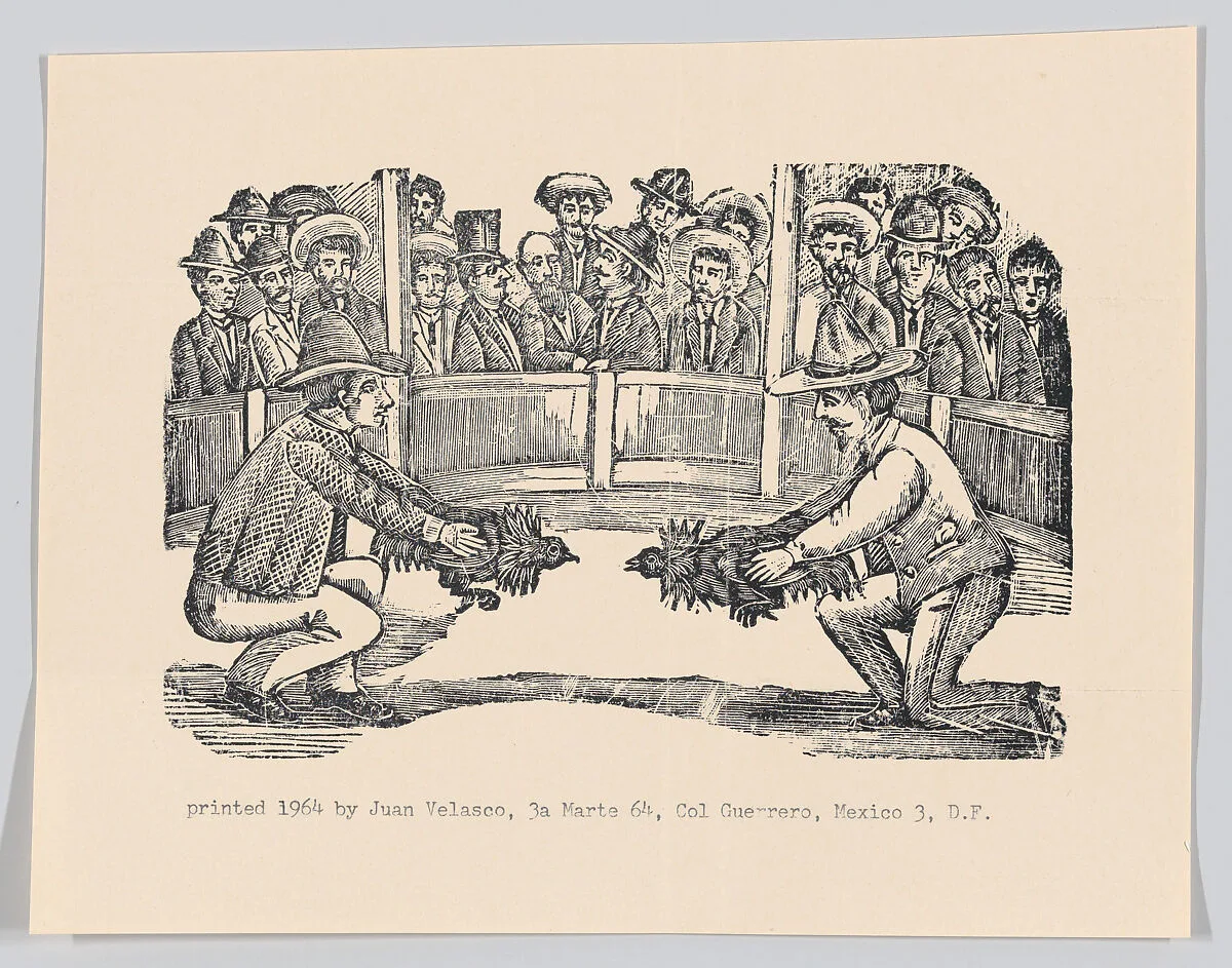 Two men in an arena holding cocks in preparation for a fight, spectators around the perimeter — Manuel Manilla|José Guadalupe Posada