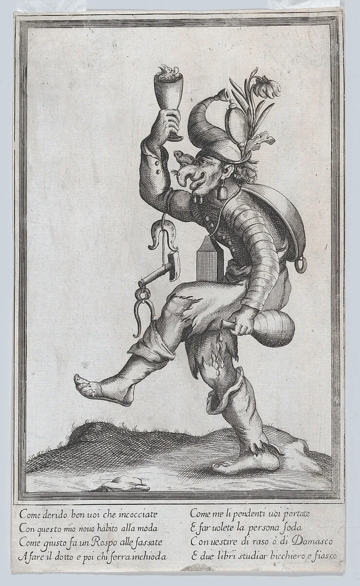 A caricature figure (a carpenter?) with a toad on his nose, carrying various implements walking to the left — Anonymous, Italian, 17th century