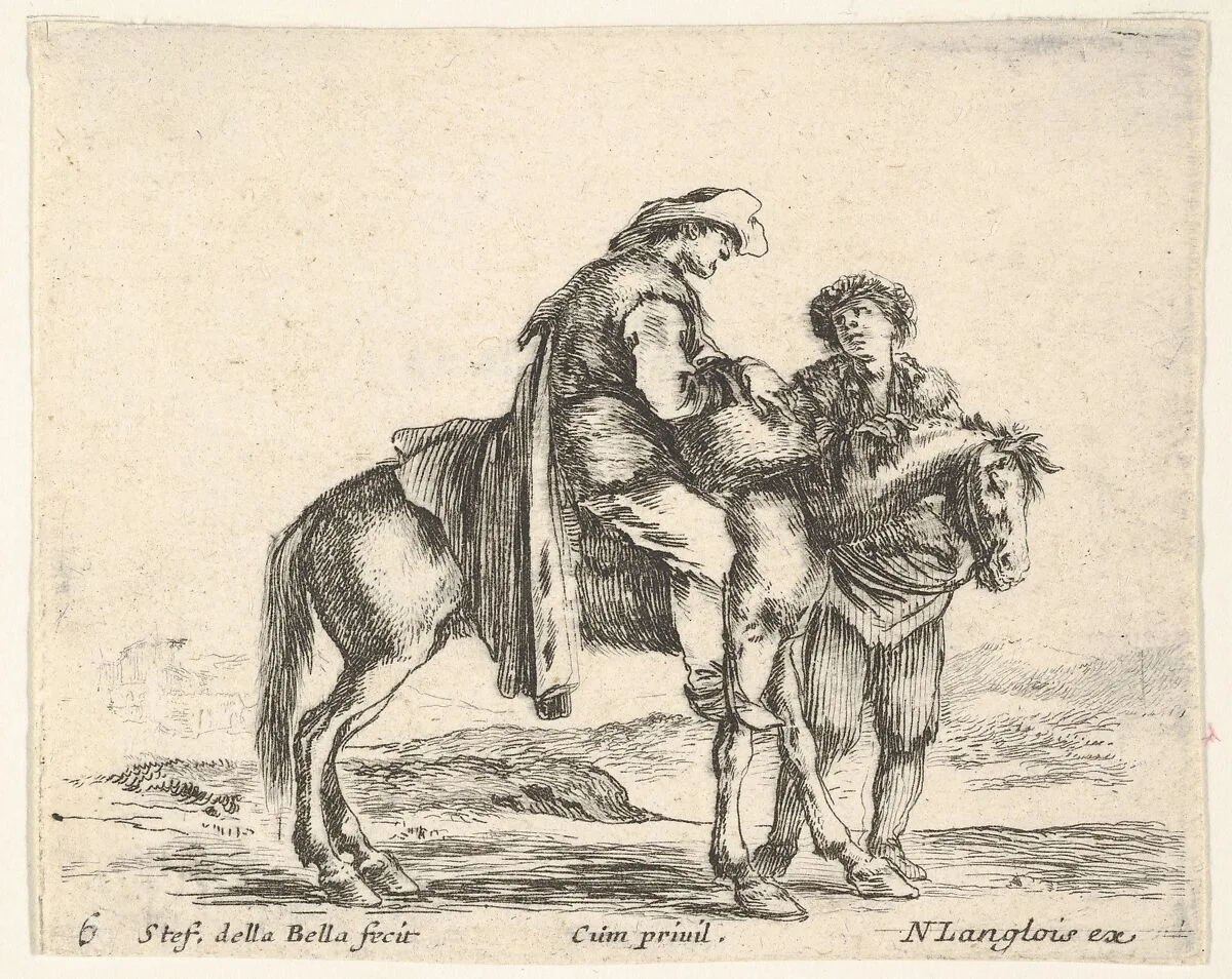 Plate 6: a peasant on horseback in profile facing the right, holding a basket and talking to another man standing behind the horse, from 'Diversi capricci' — Stefano della Bella|Nicolas Langlois