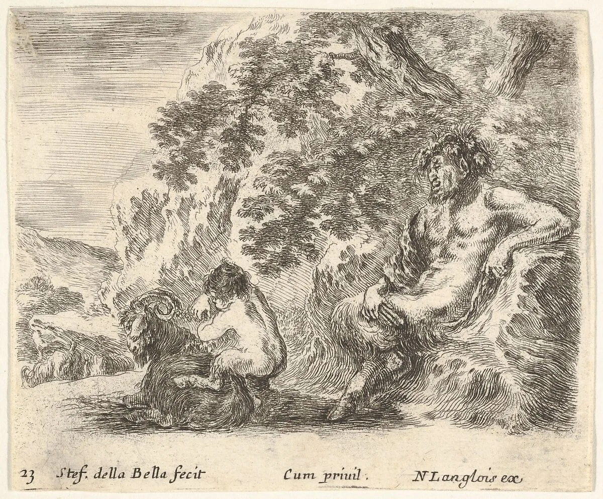 Plate 23: a satyr sitting against a tree to right and holding a flute in his right hand, a child playing with a goat to left, from 'Diversi capricci' — Stefano della Bella|Nicolas Langlois