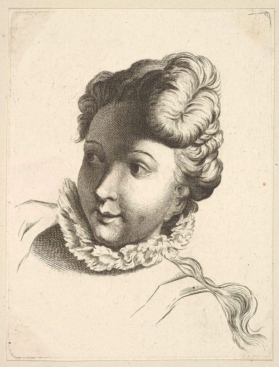 Head of a Woman Wearing a Ruff, from "Livre de Têtes Gravées d'apres F. Boucher et Autres" (Book of Heads Engraved after F. Boucher and Others) — François Boucher|Anonymous, French, 18th century|Buldet