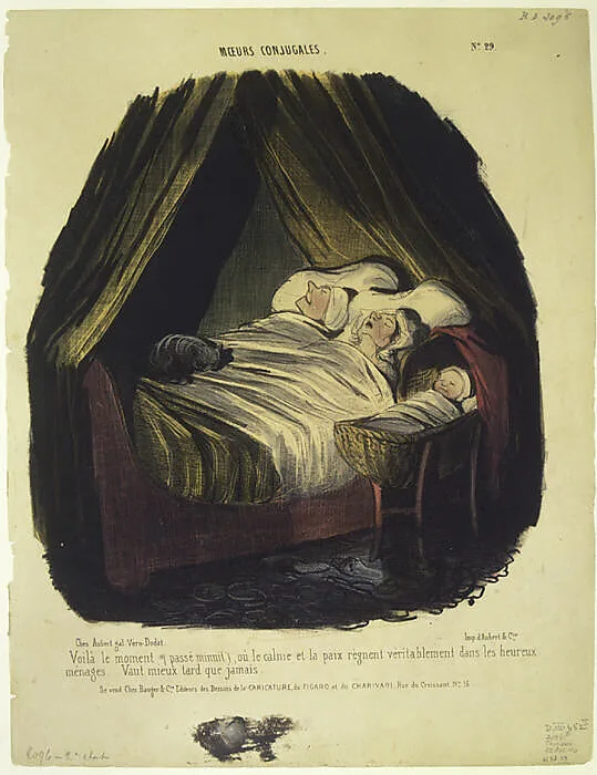 Voilà le moment (passé minuit), ou le calme et la paix régnent véritablement dans les heureux menages (Moeurs Conjugales, No. 29) — Honoré Daumier|Aubert et Cie|Bauger et Cie