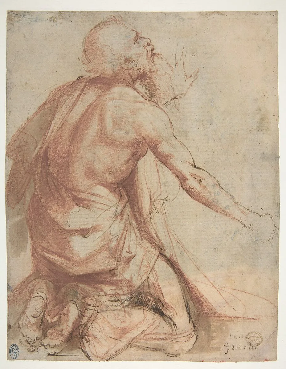 Kneeling Bearded Old Man (recto); Section of a Draped Limb and Sketches (verso) — Nosadella (Giovanni Francesco Bezzi)