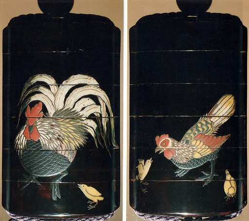 鶏蒔絵印籠|Inrō with Rooster, Hen, and Chicks