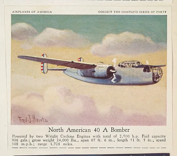 North American 40 A Bomber, collector card from the Airplanes of America series (D2), issued by the Kelley Baking Company to promote Kelley's Bread — Kelley Baking Company