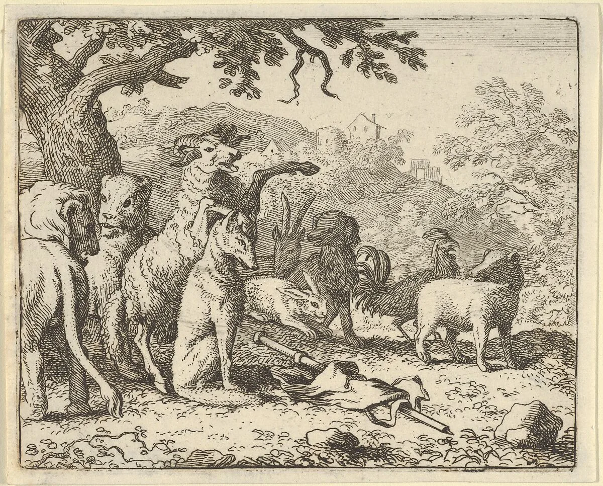 The Ram, Chapelain of the Lion, Gives the Benediction to Renard before His Depature for Rome from Hendrick van Alcmar's Renard The Fox — Allart van Everdingen