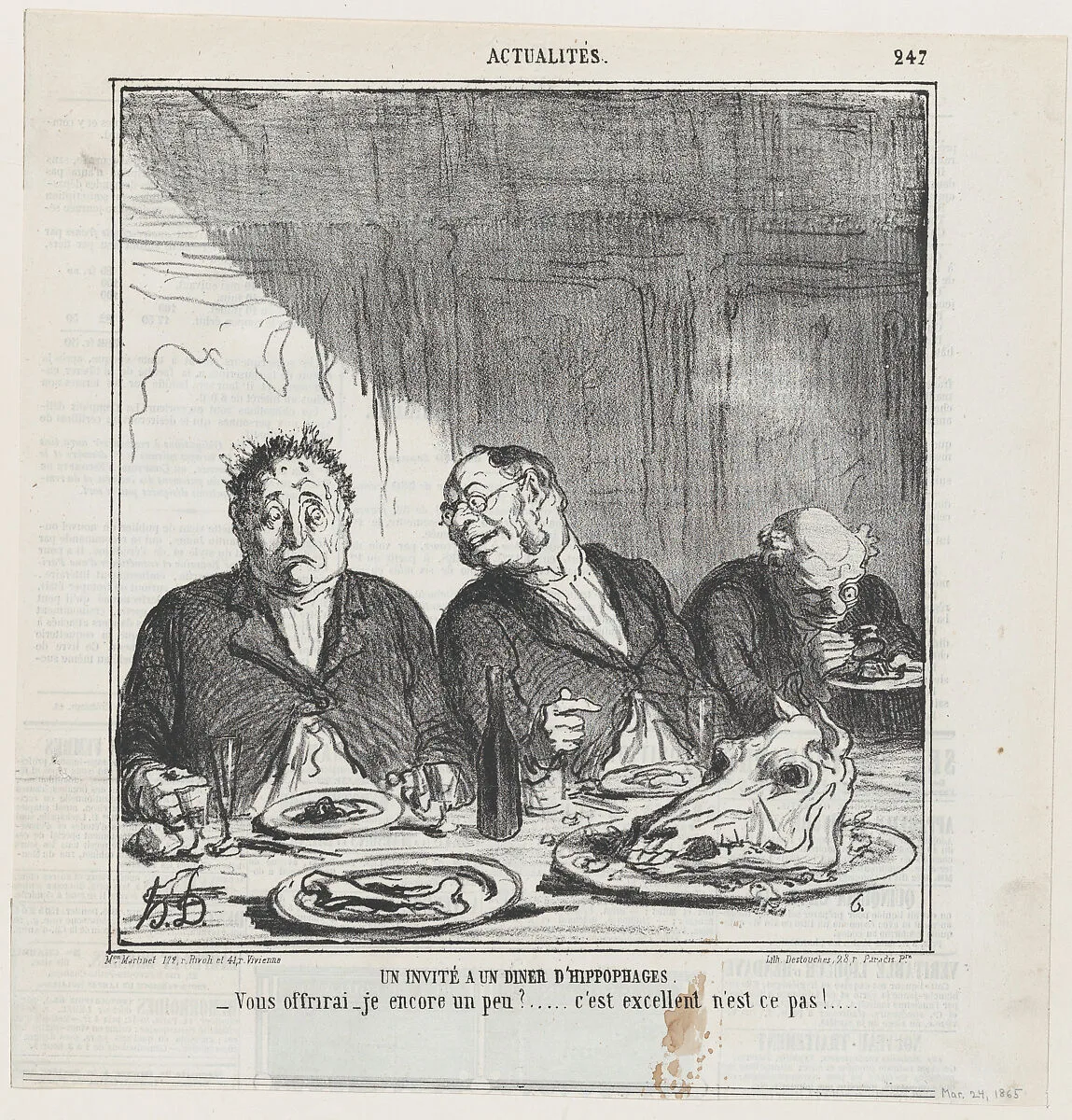 A guest to a horsemeat dinner, from 'News of the day,' published in Le Charivari, March 24, 1865 — Destouches|Honoré Daumier|Aaron Martinet