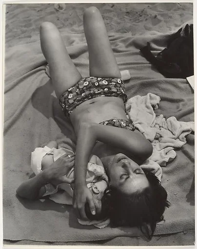 [Beach Scene: Woman in Bikini Cuddling Baby, Coney Island, New York]