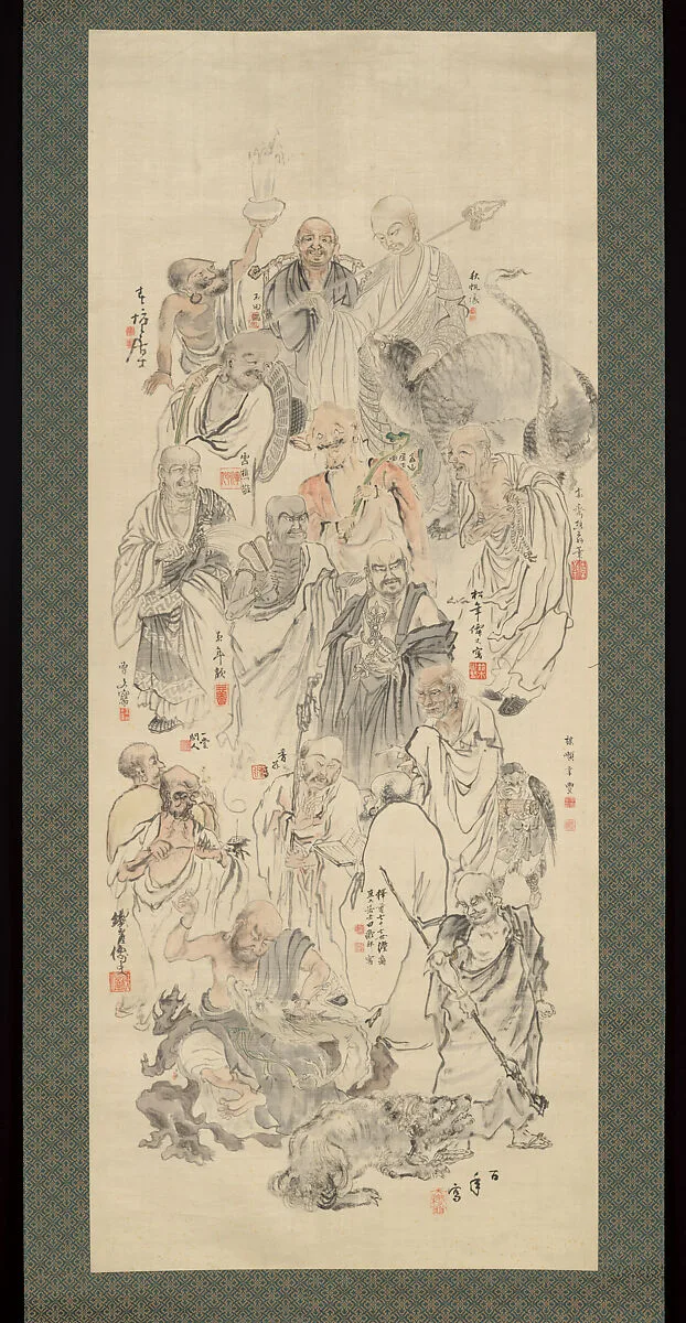 十六羅漢図合作 (Jūroku rakan zu gassaku)|Collaborative Painting of Sixteen Arhats — Suzuki Shōnen 鈴木松年|Tomioka Tessai 富岡鉄斎|Murase Gyokuden 村瀬玉田|Amano Hōko 天野方壺|Kōno Bairei 幸野楳嶺|Ikeda Unshō 池田雲樵|Asai Hakuzan 浅井柳塘|Yamanaka Shūhan 山中秋帆|Imao Keinen 今尾景年|Murata Kōkoku 村田香谷|Morikawa Sōbun 森川曾文|Mori Kansai 森寛斎|Shiokawa Ichidō 塩川一堂|Suzuki Hyakunen 鈴木百年|Tanomura Chokunyū 田能村直入|Shige Shuntō 重春塘