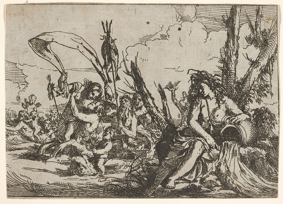 Water, represented by a naiad seated at the base of a tree and resting her arm on a supine urn from which water flows, behind her a triton and other inhabitants of the sea rise from the water surface, from "The Elements" — Giulio Carpioni