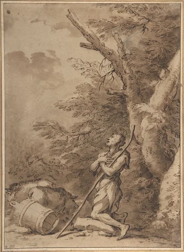 The Prodigal Son Kneeling Repentant among Swine