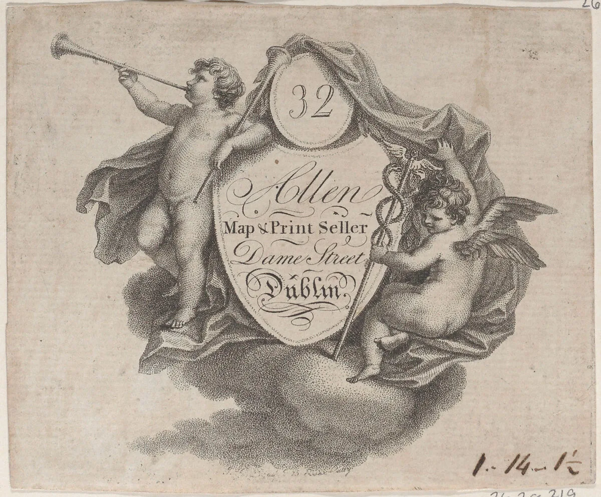 Trade card for William Allen, Map and Print Seller in Dublin — Anonymous, British, late 18th–early 19th century