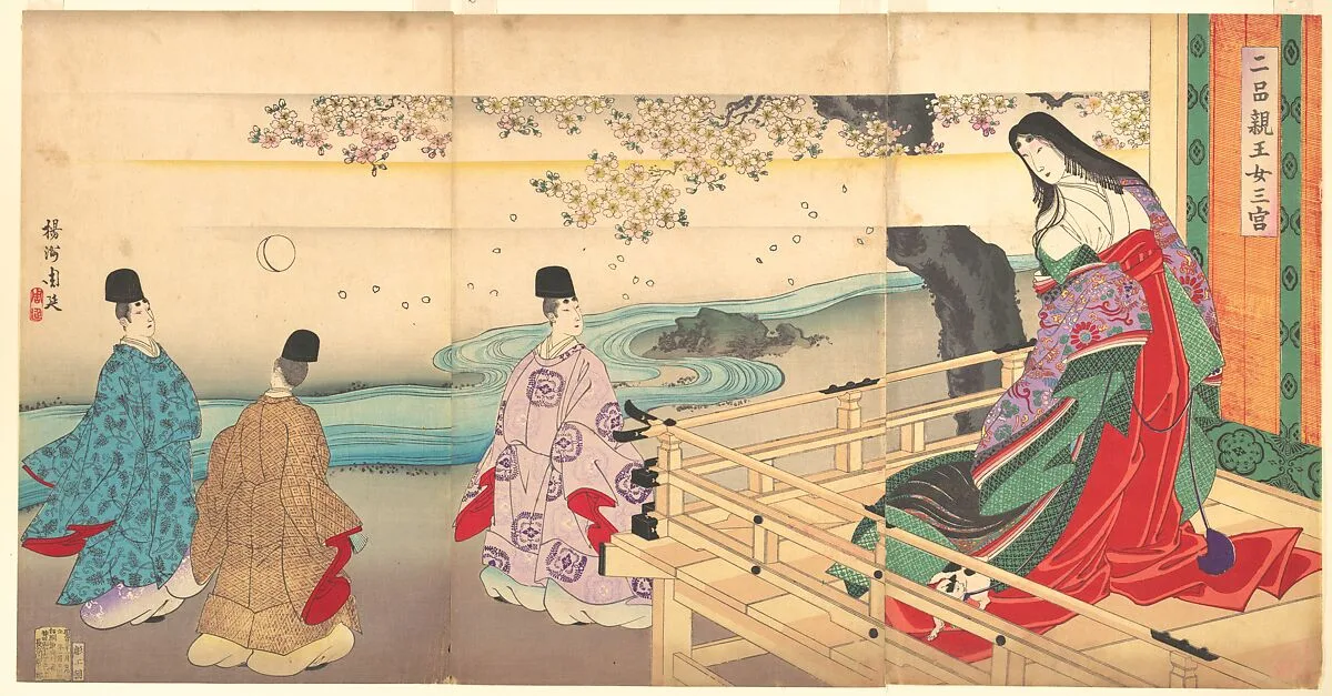 二品親王女三宮|The Third Princess and Kashiwagi, from Chapter 34, “New Herbs I (Wakana I)” (Nihon shinnō onna sannomiya) — Yōshū (Hashimoto) Chikanobu