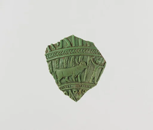 Lower part of a vessel showing scene with boat, man, and cow