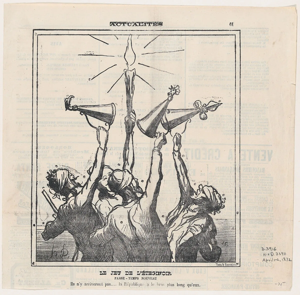 The game with the candle extinguisher, A new pastime: They won't be able to reach it .... the Republic's arms are longer than theirs, from 'News of the day,' published in Le Charivari, April 1-2, 1872 — Honoré Daumier