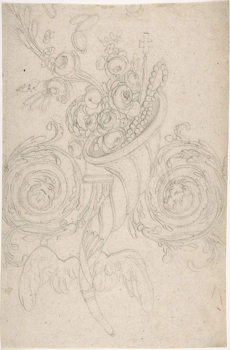 Cornucopia Held Aloft by Angels, Ornament with Cross and Rosary — Anonymous, German, 19th century