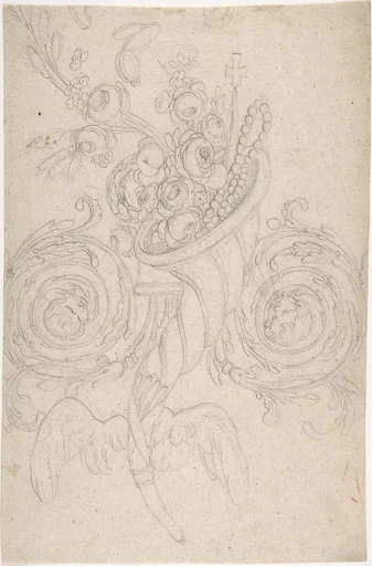 Cornucopia Held Aloft by Angels, Ornament with Cross and Rosary