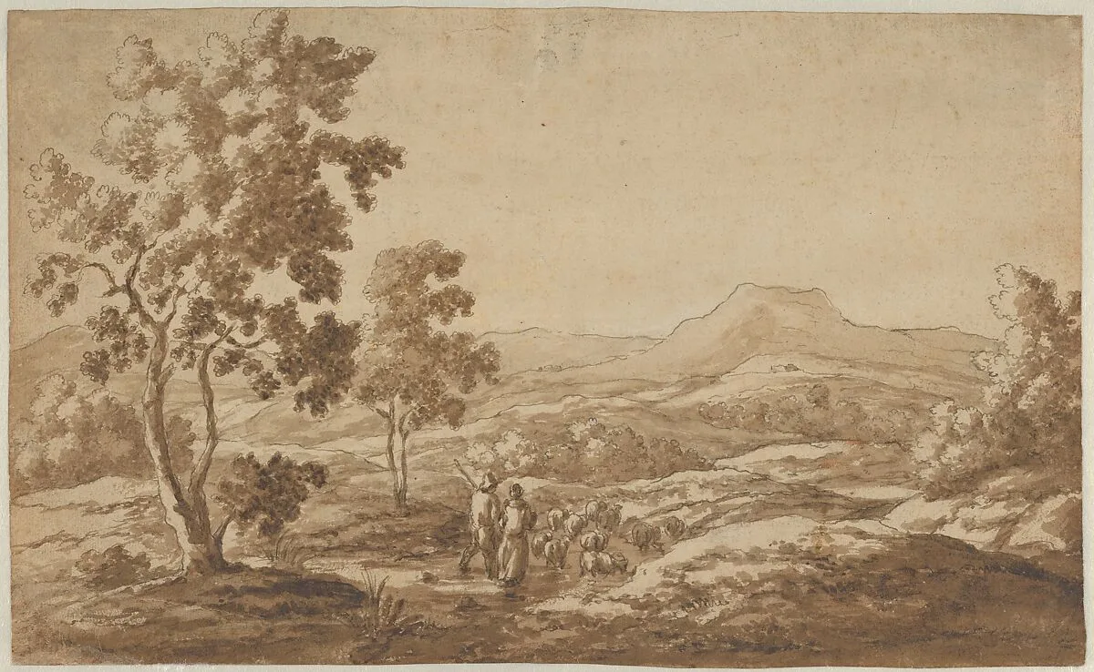 Southern Landscape with Shepherds and Sheep; verso: Study of a Sheep's Head (?) — Simon van der Does