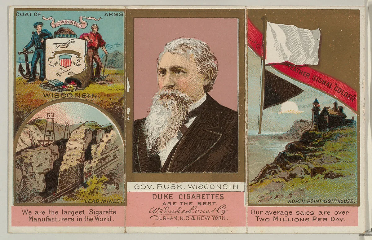 Governor Rusk, Wisconsin, from "Governors, Arms, Etc." series (N133-2), issued by Duke Sons & Co. — W. Duke, Sons & Co.