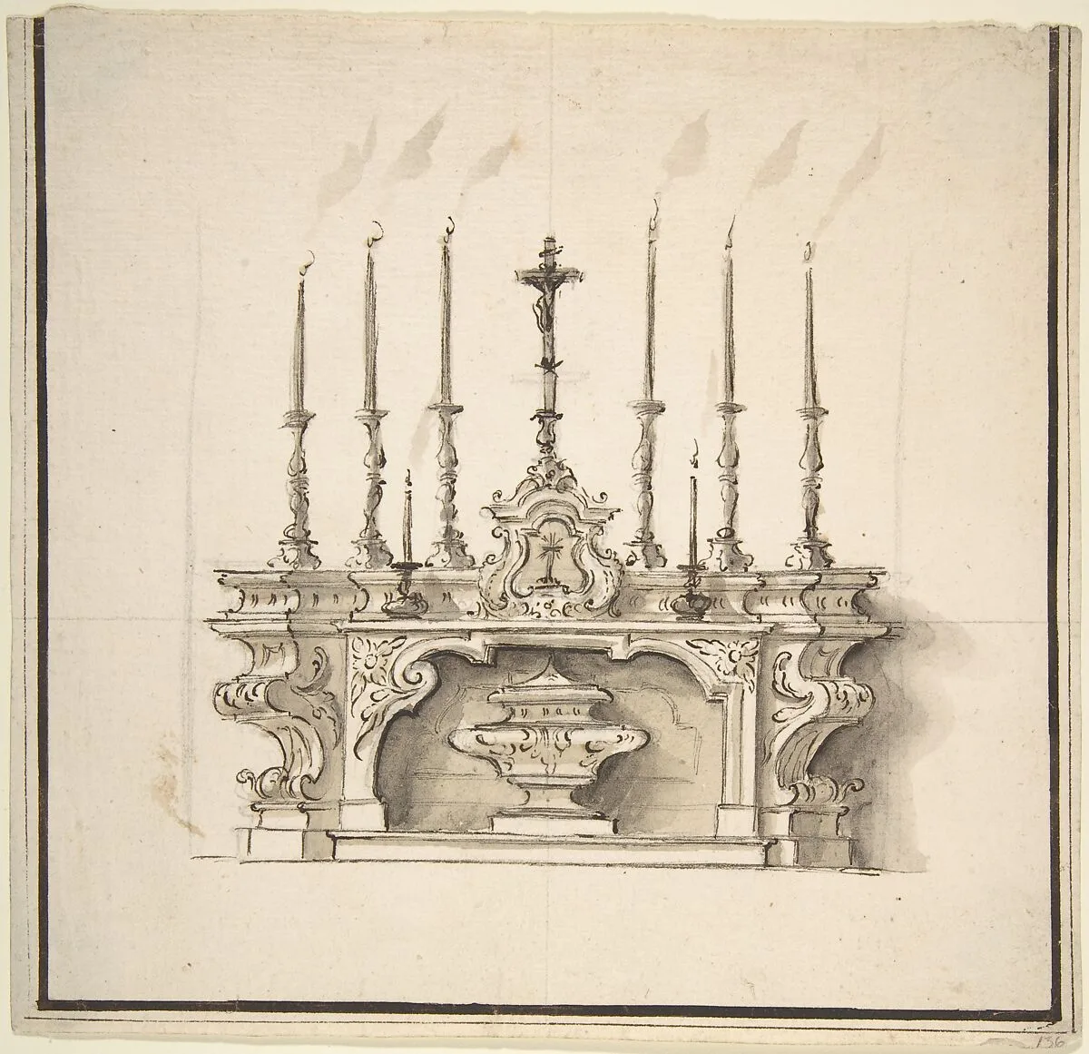 Design for an Altar With Six Large Candelabra — Anonymous, Italian, Piedmontese, 18th century
